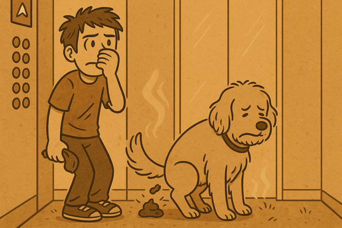 Ben trapped in an elevator with Hank mid-poop beside him while the lights flicker and the doors remain closed.
