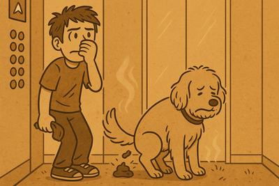 Ben trapped in an elevator with Hank mid-poop beside him while the lights flicker and the doors remain closed.