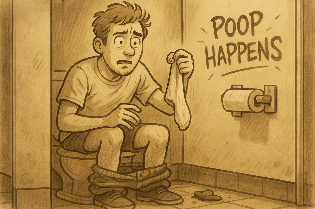 Man in a bathroom stall holding a sock with no toilet paper in sight, looking panicked, next to graffiti that says “Poop Happens.”