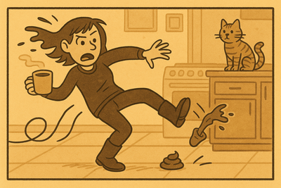 Tess mid-slip in the kitchen with spilled coffee and a turd underfoot while Beans watches from the counter.