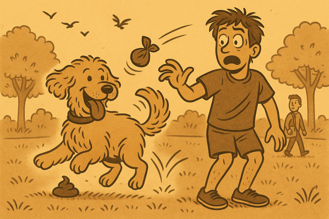 Ben kneels in the grass holding a poop bag while Hank poops mid-walk, missing the bag entirely as Ben recoils in disgust.