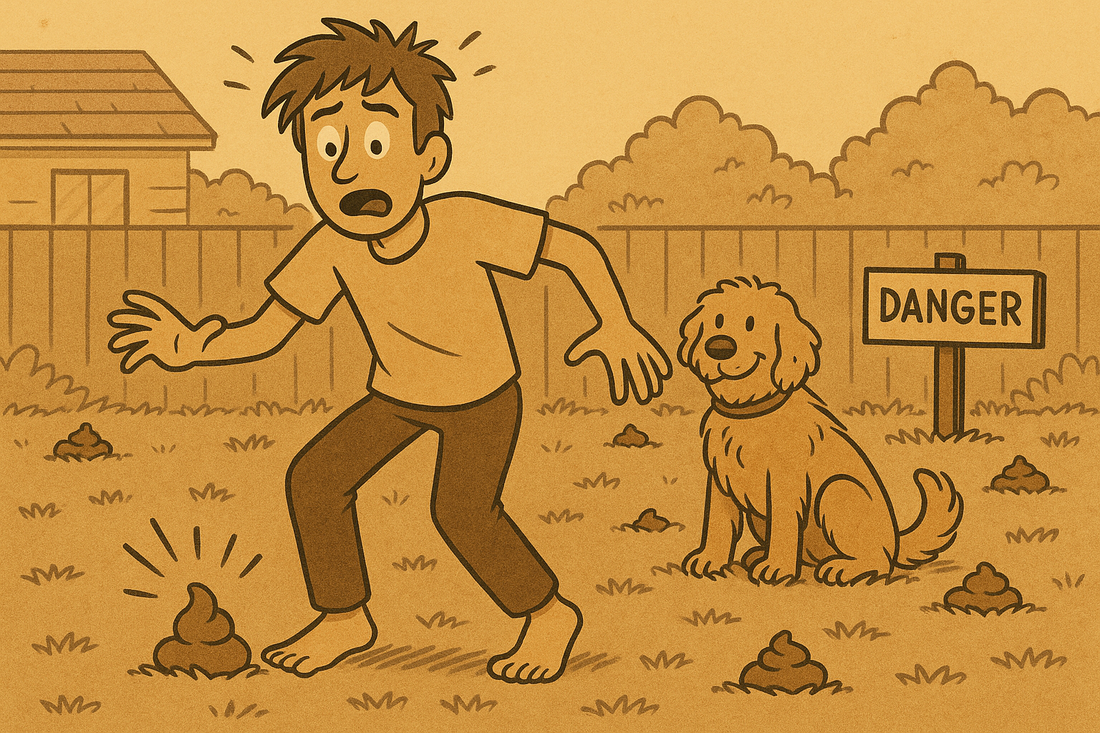 Ben barefoot in the yard about to step in poop while Hank relaxes nearby and poop piles surround the lawn.
