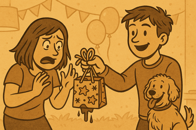Ben offering a leaking gift bag to a horrified party guest while Hank looks on proudly from the background.
