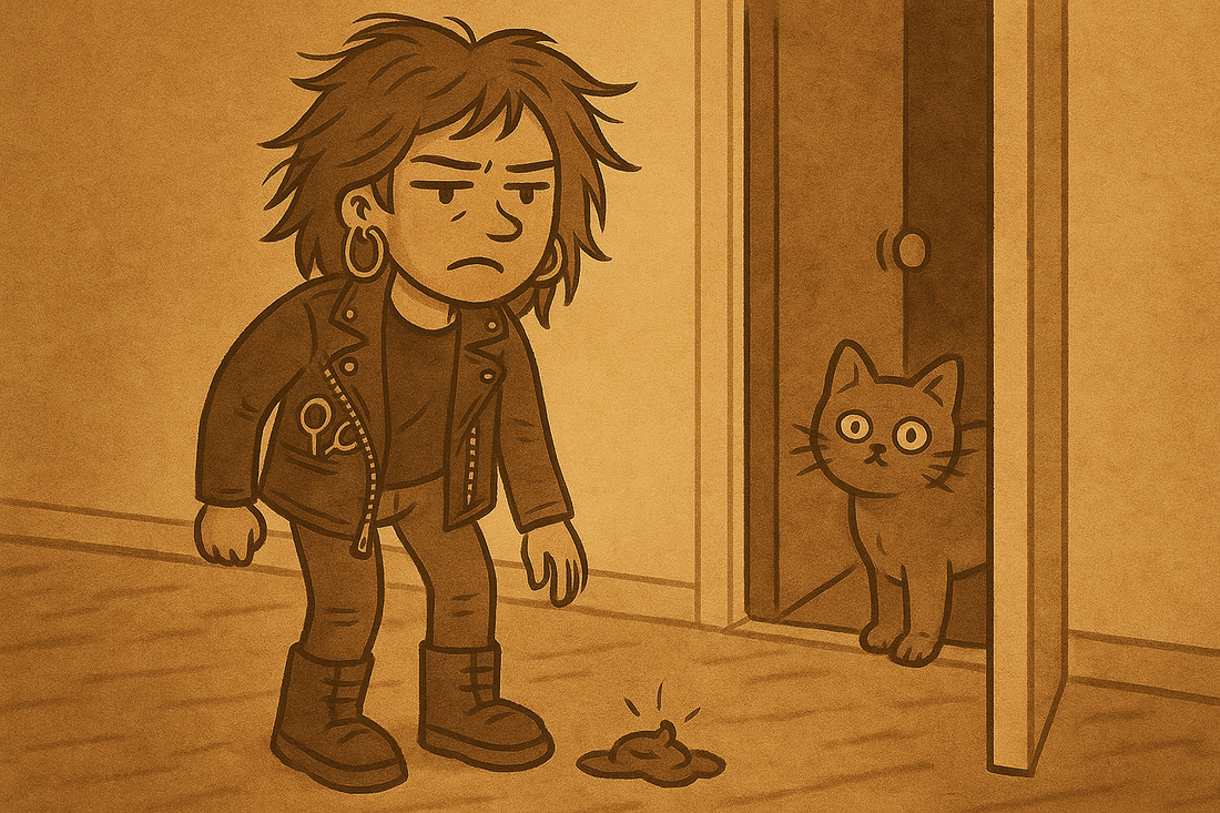 Jess in heels mid-slip in a hallway, stepping into old cat poop while dressed for a date, with Beans watching from the background.